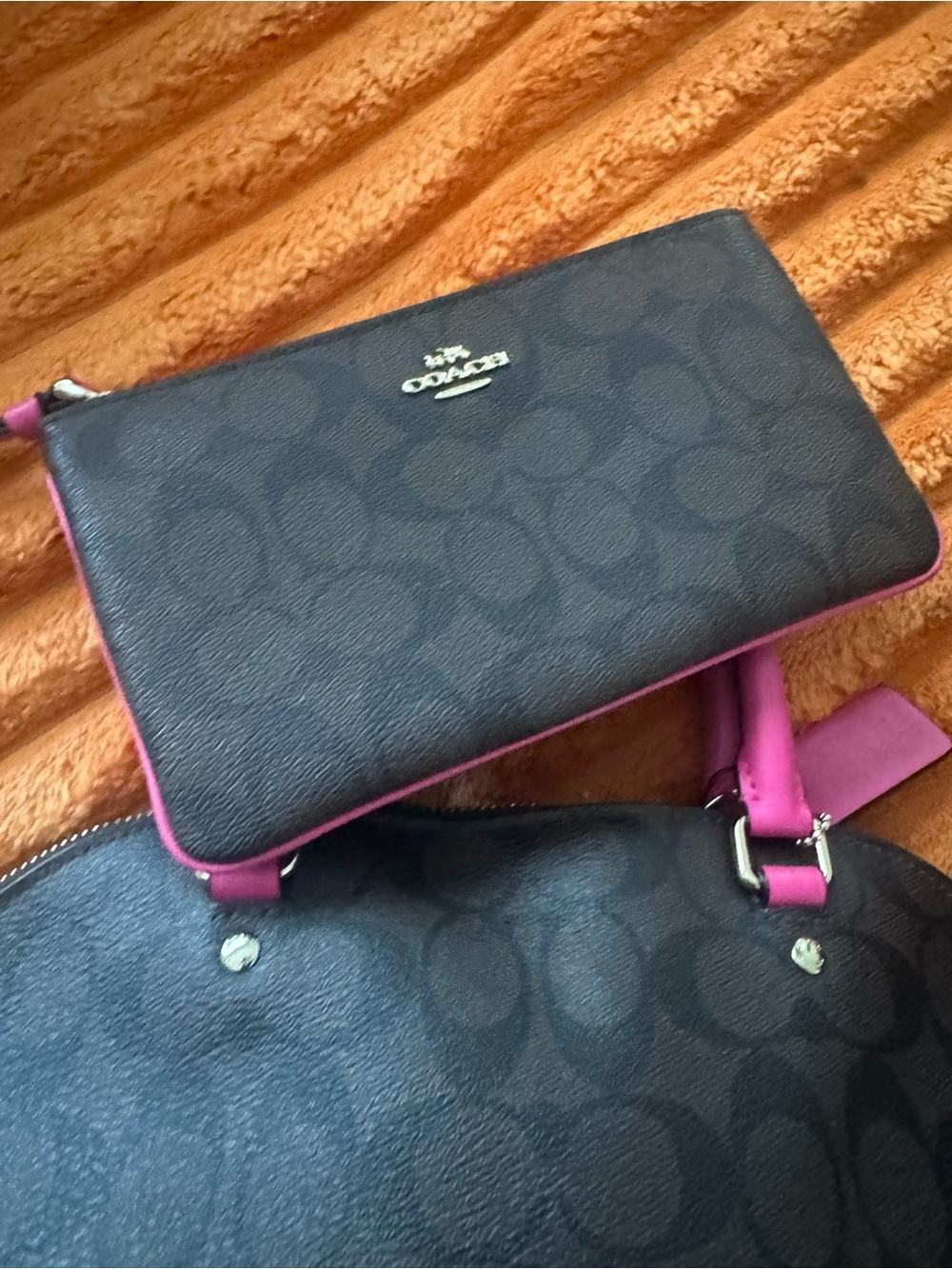 Coach Brown Signature Satchel with Hot Pink Trim & Coach wristlet - Picture 14 of 16